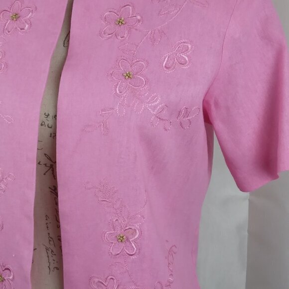 A. K. C. | Linen Open Front Embroidered Beaded  Pink Jacket | Size PM - Picture 2 of 9